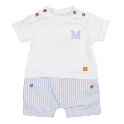 Introducing the Mintini Baby boys romper, part of our stylish spring summer collection. This short sleeve romper features a timeless white and blue stripe design, perfect for your little boy. Available in sizes 3 months to 12 months, add a touch of sophistication to their wardrobe.