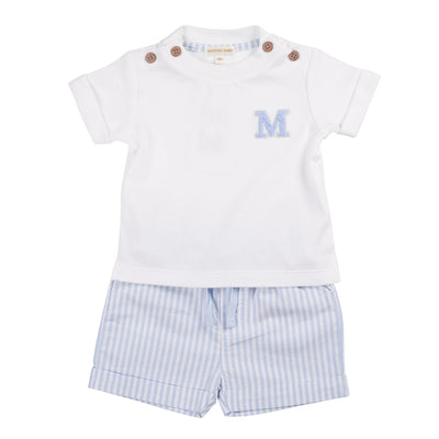 Introducing our boys blue &amp; white striped top and shorts set from our new Mintini Baby spring/summer collection. This two piece set features a comfortable white round neck short sleeve t-shirt with button detail on the shoulders and a signature M logo. Paired with blue and white stripes on the elasticated waistband shorts. This outfit is available in sizes 3-24 months.