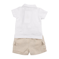 Introducing the Mintini Baby two piece polo shirt & shorts set for boys. This stylish and comfortable set includes a white polo shirt with subtle sage detailing and a beige shorts with cargo-style pockets. Perfect for sizes 3 months up to 24 months, this set is perfect for any occasion.