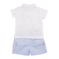 Maximise your little one's style and comfort with the boys white & blue polo shirt and shorts set from Mintini Baby. This branded set features a crisp white polo shirt with a button down fastening and signature M logo, paired with versatile blue shorts with functional pockets. Available in sizes 3 months to 24 months.