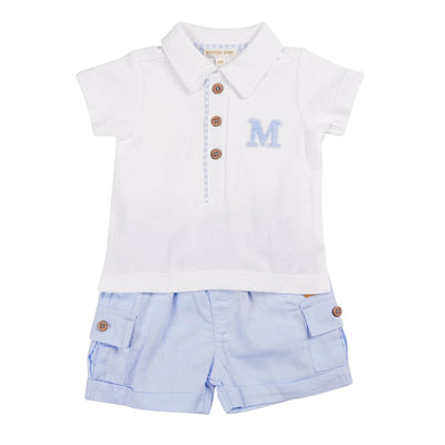 Maximise your little one's style and comfort with the boys white &amp; blue polo shirt and shorts set from Mintini Baby. This branded set features a crisp white polo shirt with a button down fastening and signature M logo, paired with versatile blue shorts with functional pockets. Available in sizes 3 months to 24 months.