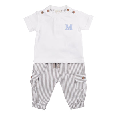 Introduce your little man to the world in style with this Mintini Baby branded two piece outfit. The white t-shirt features a button detailing on the shoulders and the iconic M logo, while the striped cargo trousers in white and sage add a playful touch. Available in sizes 3-24 months.