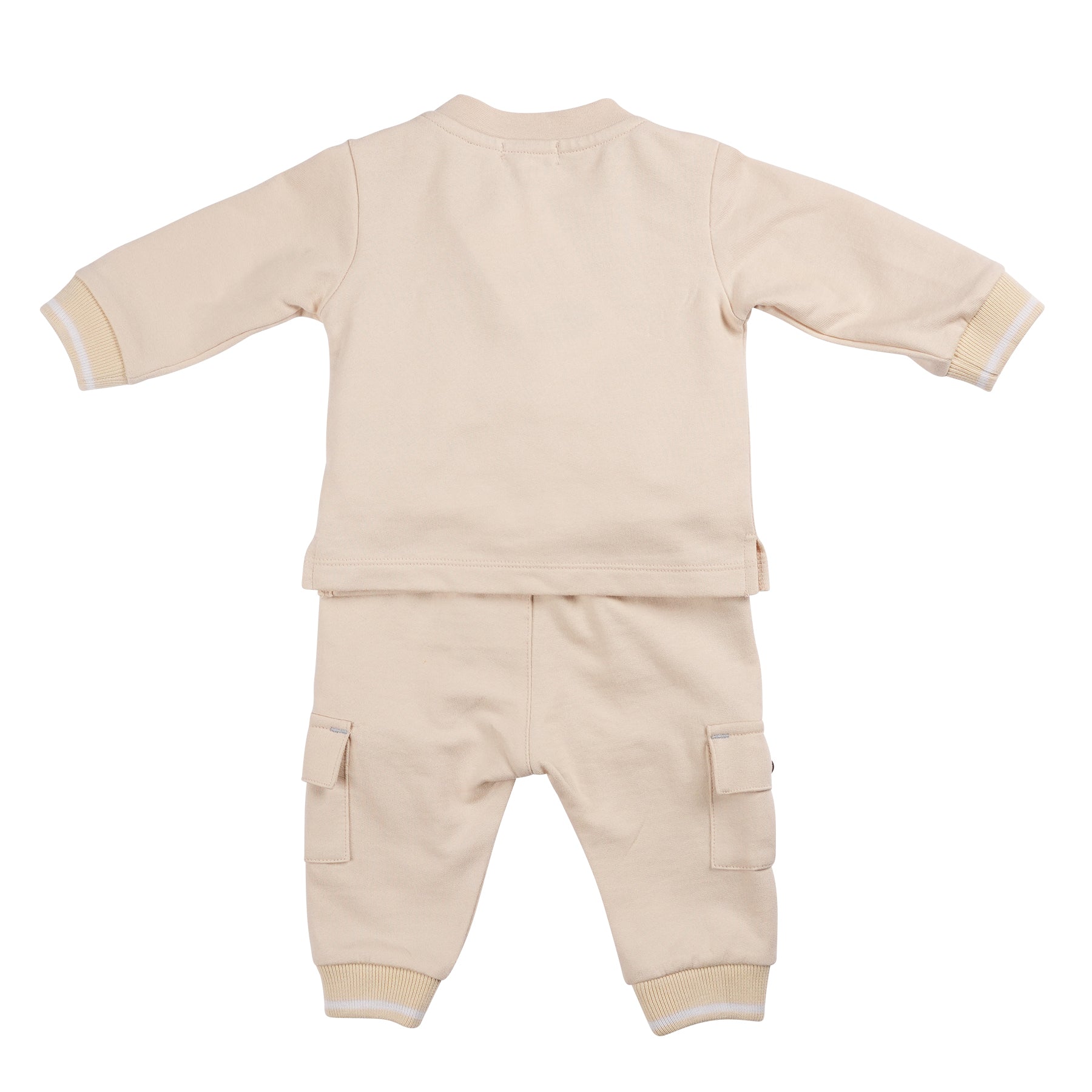 Perfect for matching little brother with big brother, this Mintini Baby two piece jogger set is a must-have for boys. The beige long sleeve top features an M logo, while the cargo style jogger trousers offer both style and comfort. Available in sizes 3 months to 5 years.