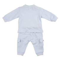 Introducing the Mintini Baby Boys two piece jogger set, part of our spring summer collection. This branded outfit features a long sleeve round neck top and cargo style joggers, perfect for brothers to match. Available in sizes 3 months up to 5 years. Elevate your little ones' style with this trendy and comfortable set.