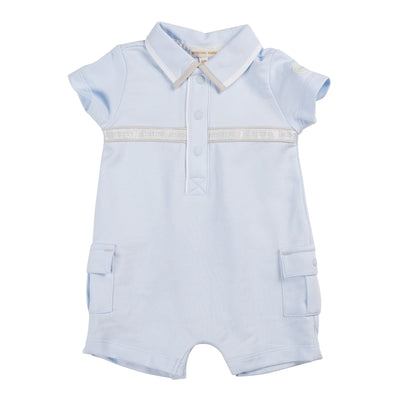 Upgrade your little one's wardrobe with our Mintini Baby branded blue romper for baby boys! This stylish romper features a collar, stripe design across the chest, and cargo style pockets on either side of the leg. Available in sizes 3 months to 12 months. Perfect for the trendsetting baby.