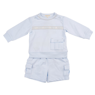 Introducing the new arrival from Mintini Baby - Boys Blue Sweatshirt &amp; Cargo Shorts Set. Featuring a stylish striped design on the sweatshirt and cargo style pockets on the shorts, this set is perfect for boys ages 3 months to 5 years. Complete your little one's look with this matching set. Suitable if you are looking to match little brother with big brother.