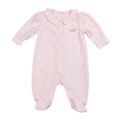 Introducing the Mintini Baby girls pink collared all in one sleepsuit - a must-have from our essentials range. This cute sleeper features a small collar design around the neck and button fastening down the front. Available in sizes 1, 3, and 6 months, it's perfect for your little one's comfort and style.