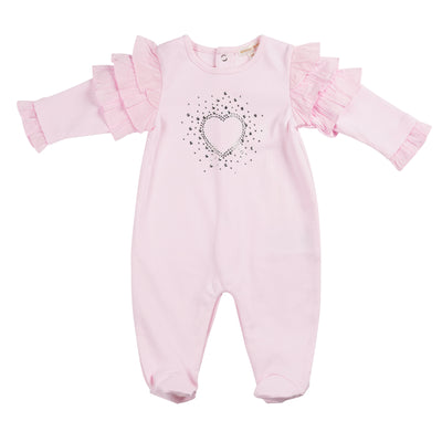 This Mintini Baby branded pink sleeper is perfect for baby girls. The all-in-one outfit features a silver sparkle heart detail and ruffle design on the sleeves. The round neck collar and push button fastening on the reverse adds convenience. Available in sizes 1 month, 3 months, and 6 months.