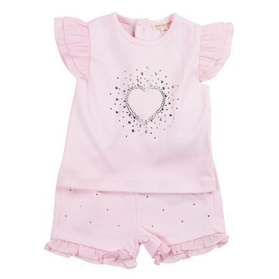 Introducing the new arrival from Mintini Baby's spring summer collection: the girls pink top &amp; shorts Set! This two piece set features a short sleeve top with a delicate silver heart detail on the middle and ruffle shoulders, paired with ruffle-designed shorts with an elasticated waistband. Available in sizes 3 months to 24 months. Perfect for any little girl's wardrobe.