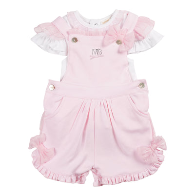 Introducing our Mintini Baby branded spring/summer collection! This boutique outfit features a crisp white top with delicate pink ruffle detailing and a playful pink short dungaree with charming bow accents. The back showcases a crossover design with a cute bow and ruffle detail. Available in sizes 3 months to 24 months.