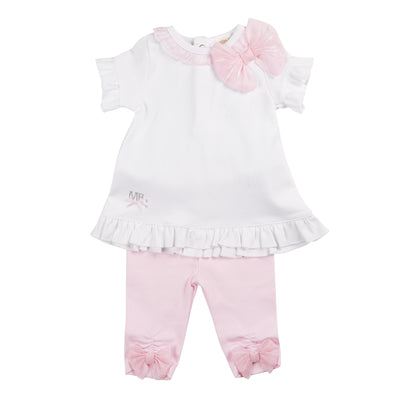 This Mintini Baby branded girls white &amp; pink two piece tunic and legging set is the perfect spring/summer outfit for your little one. The white short sleeve tunic top features ruffle and frill detail, with a large bow on the side. The pink leggings are in contrast to match, they have a elastic waistband and coordinating bow detail on the legs. Available in sizes 3 month to 24 month.