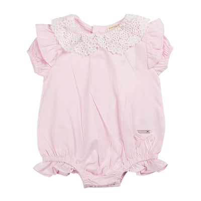 Introduce your baby girl to the new spring summer collection with our pink &amp; white short sleeve romper from baby clothing brand, Mintini Baby. Featuring a delicate white crochet frill design on the neck and button fastening on the reverse, this romper is perfect for the sunny days ahead. Avaialble in sizes 1 month up to 6 months.