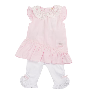 Introduce a stylish addition to your little girl's wardrobe with our girls pink &amp; white two piece tunic and legging set. The Mintini Baby brand brings a new and trendy collection for the spring/summer season. This set includes a pink tunic with a charming crochet design collar and frill detailing, complete with white leggings featuring adorable ribbon bows. Available in sizes 3 months to 5 years. If you are looking for the perfect spring / summer matching outfits for little sister and big sister outfit,