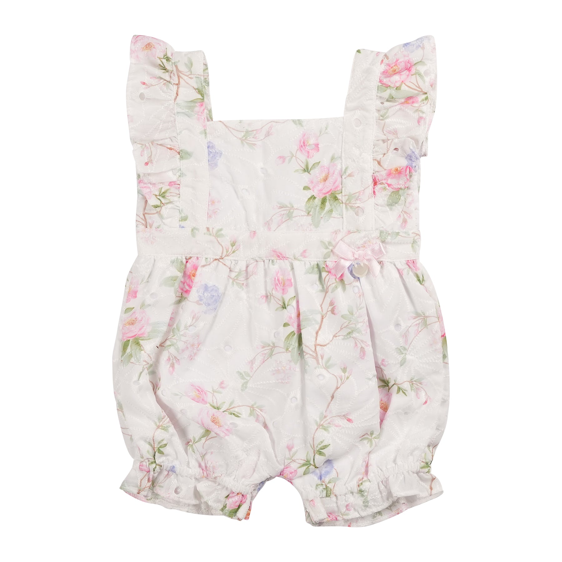 Introduce your little girl to the joys of summer with our Mintini Baby branded sleeveless romper. With a beautiful floral design and ruffles on the shoulders, she'll be the cutest and most stylish one around. Perfect for warmer days, this romper is also elasticated around the legs for added comfort. Available in sizes 3 months to 24 months.