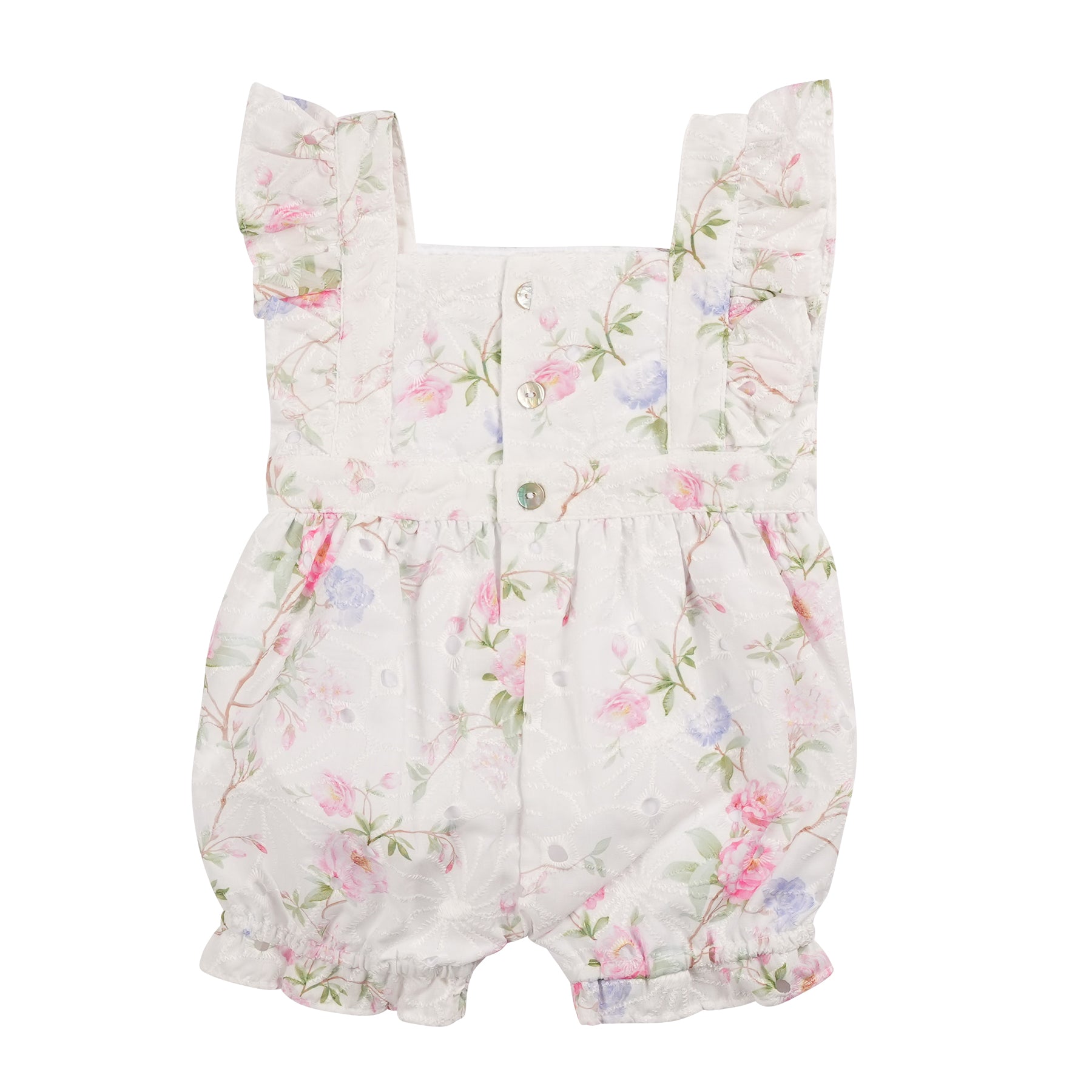 Introduce your little girl to the joys of summer with our Mintini Baby branded sleeveless romper. With a beautiful floral design and ruffles on the shoulders, she'll be the cutest and most stylish one around. Perfect for warmer days, this romper is also elasticated around the legs for added comfort. Available in sizes 3 months to 24 months.