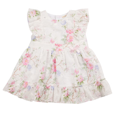 This new arrival girls ivory floral summer dress by Mintini Baby is perfect for the spring/summer season. With ruffle detailing on the shoulders and around the bottom, and a button fastening on the reverse, this A-line dress is both stylish and comfortable for your little girl. Available in sizes from 3 months to 24 months.