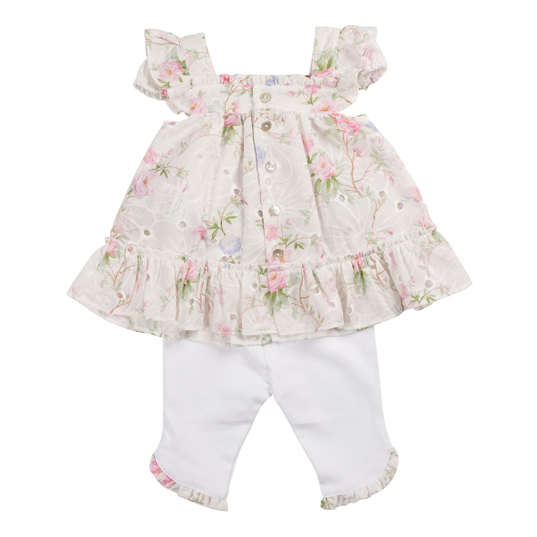 Introduce your little girl to fashion with our Mintini Baby branded, girls ivory floral tunic and legging set. This versatile two piece set features a beautiful floral top with short sleeves and matching white leggings with a floral trim. Available in sizes 3 months to 5 years, perfect for creating a coordinated look for sisters.