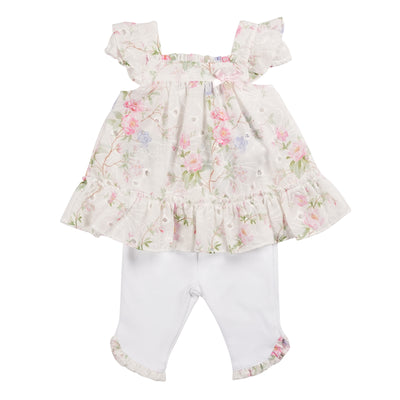 Introduce your little girl to fashion with our Mintini Baby branded, girls ivory floral tunic and legging set. This versatile two piece set features a beautiful floral top with short sleeves and matching white leggings with a floral trim. Available in sizes 3 months to 5 years, perfect for creating a coordinated look for sisters.