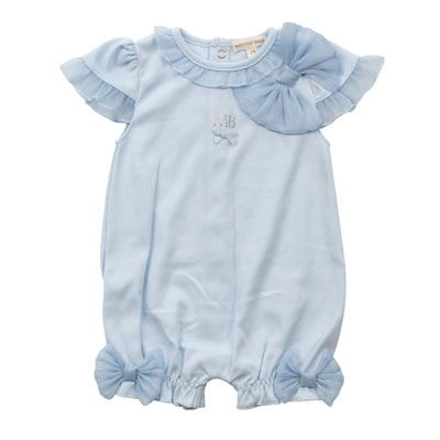 Introduce your little one to style with this girls blue short sleeve romper from Mintini Baby. Part of their new season collection, this romper features ruffle details, large bows, and is available in sizes 3-12 months. Perfect for spring and summer, this romper is a must-have for any fashion-forward baby girl.