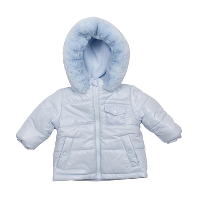 Boys blue Mintini puffer coat with faux fur hood