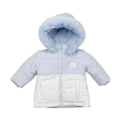 Boys Mintini puffer coat in blue and white