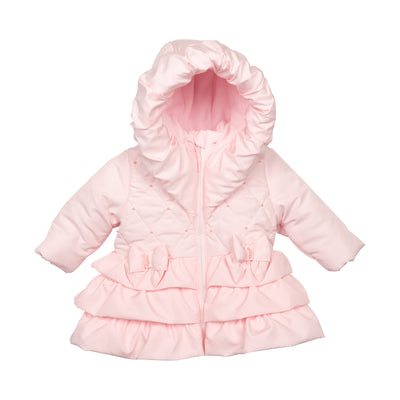 Girls pink hooded Mintini puffer coat with front bows and ruffle design