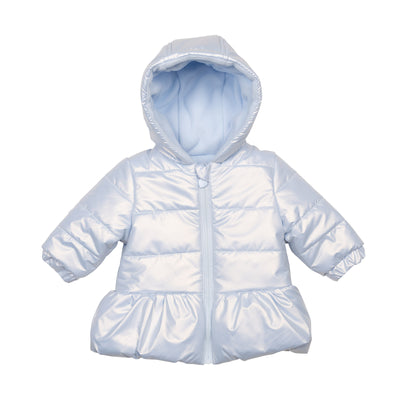 Girls blue hooded puffer coat with zip fastening