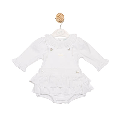 Mintini girls white bloomer dungaree set with frill top, ruffle detail and crossover back – Autumn Winter baby outfit sizes 3m–12m.