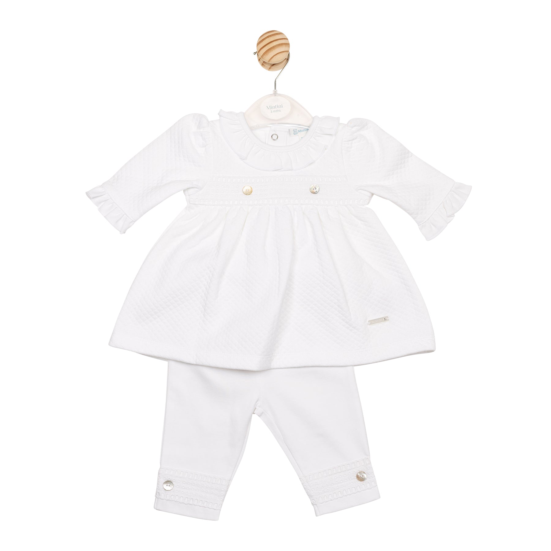 Baby girls white two-piece top and legging set with frill collar and chest band – Mintini Autumn Winter collection