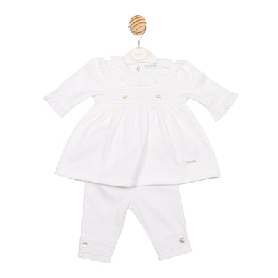 Baby girls white two-piece top and legging set with frill collar and chest band – Mintini Autumn Winter collection