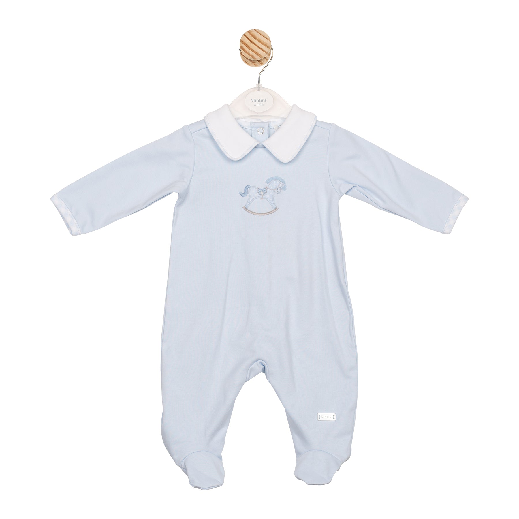 Mintini baby boys blue all-in-one with rocking horse motif – Autumn Winter boutique baby outfit, closed feet, white collar