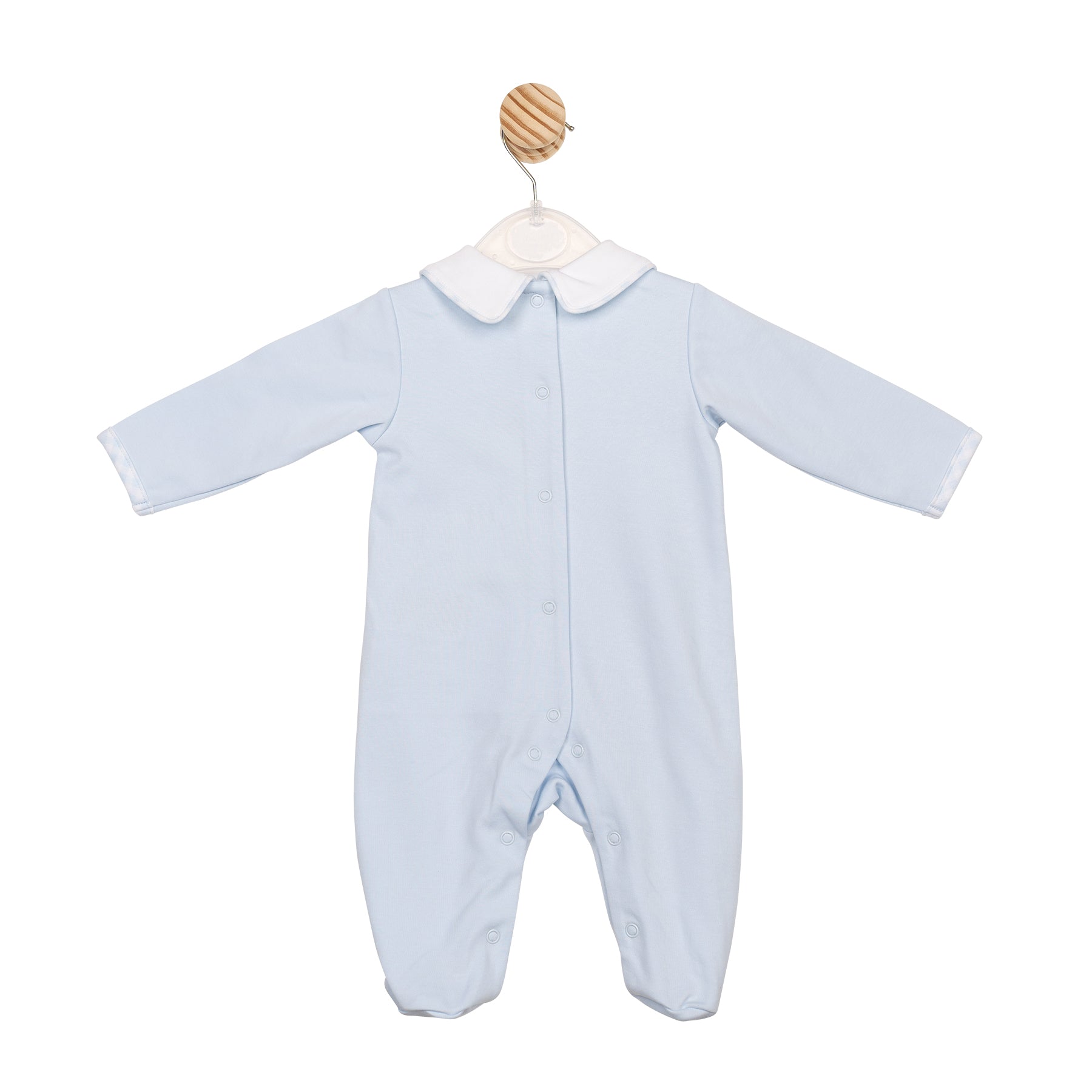 Baby boys blue all-in-one by Mintini – rocking horse design, closed feet, boutique Autumn Winter babywear, sizes 1–6 months