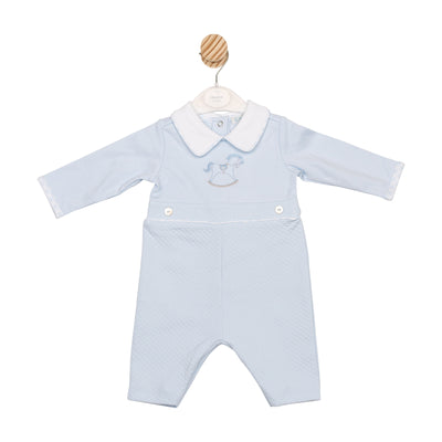 Mintini baby boys blue long sleeve romper with rocking horse motif