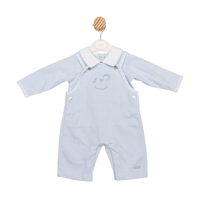 Mintini baby boys blue top and dungaree set with rocking horse motif