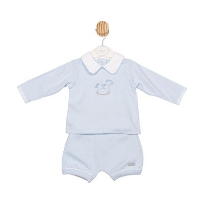 Mintini baby boys blue top and bloomer shorts set with rocking horse motif on top