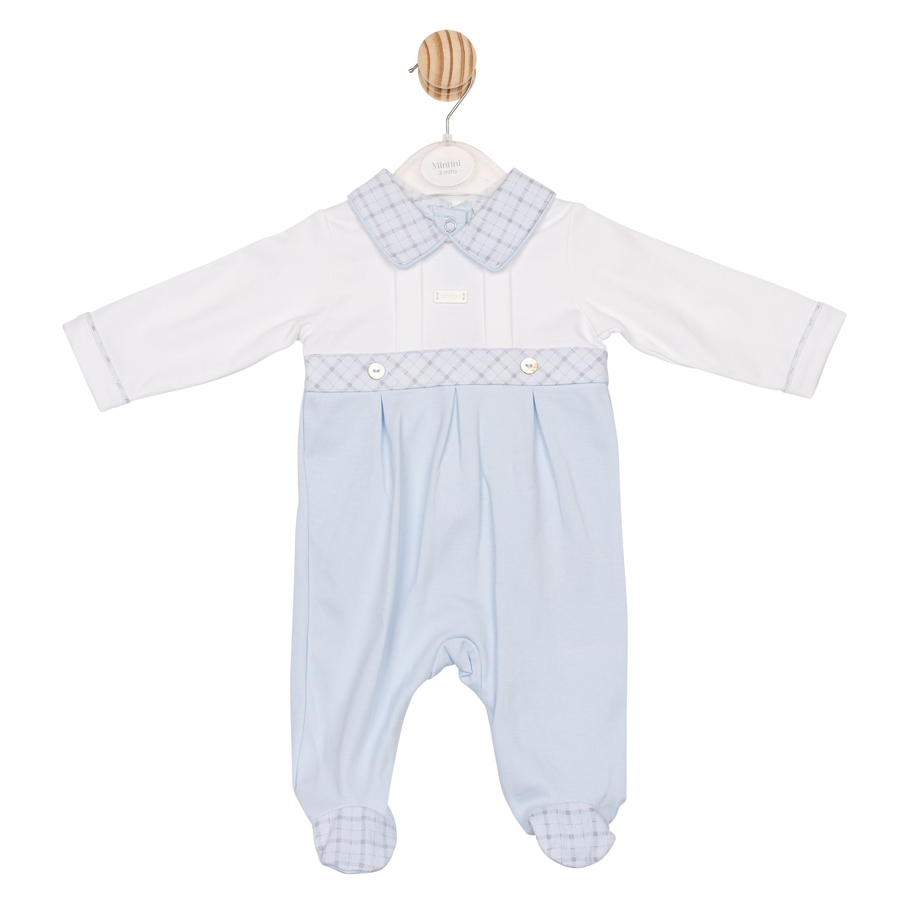 Mintini baby boys blue & white check all-in-one – Autumn Winter boutique baby outfit, half-blue half-white, matching collars