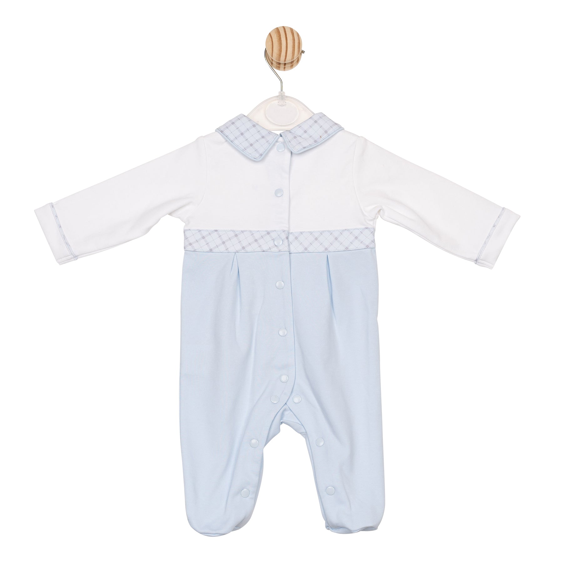 Baby boys blue and white all-in-one by Mintini – check print band across middle, closed feet, Autumn Winter babywear, sizes 1–6 months