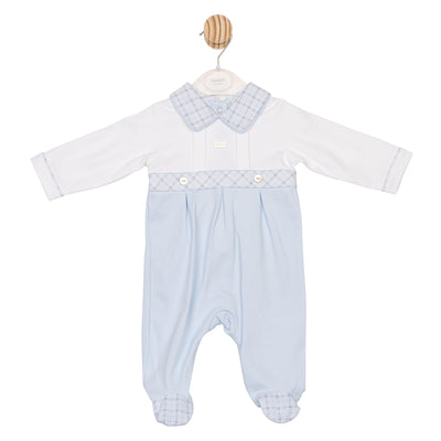 Mintini baby boys blue & white check all-in-one – Autumn Winter boutique baby outfit, half-blue half-white, matching collars