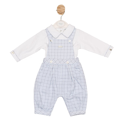Mintini boys white and blue check top and dungaree set