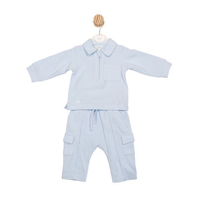 Boys blue two-piece Mintini top and cargo jogger set front view