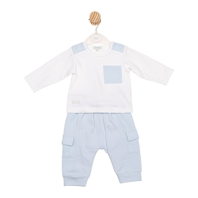 Boys white and blue top and cargo jog pant set by Mintini