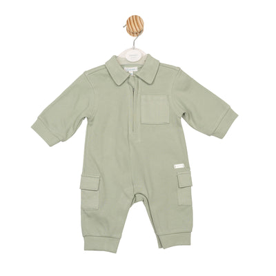 Boys sage green romper with cargo pocket detail by Mintini