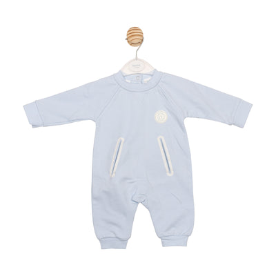 Mintini boys blue long sleeve romper with pocket detail