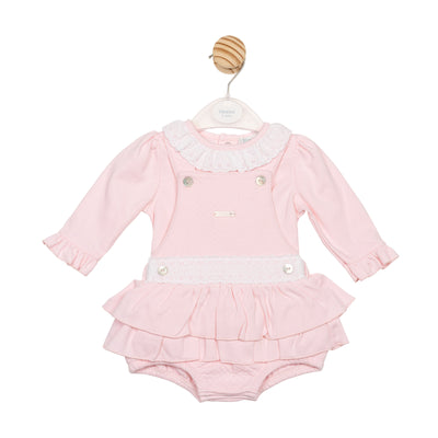 Baby girls pink top and dungaree set with frill collar and waistband detail – Mintini Autumn Winter collection