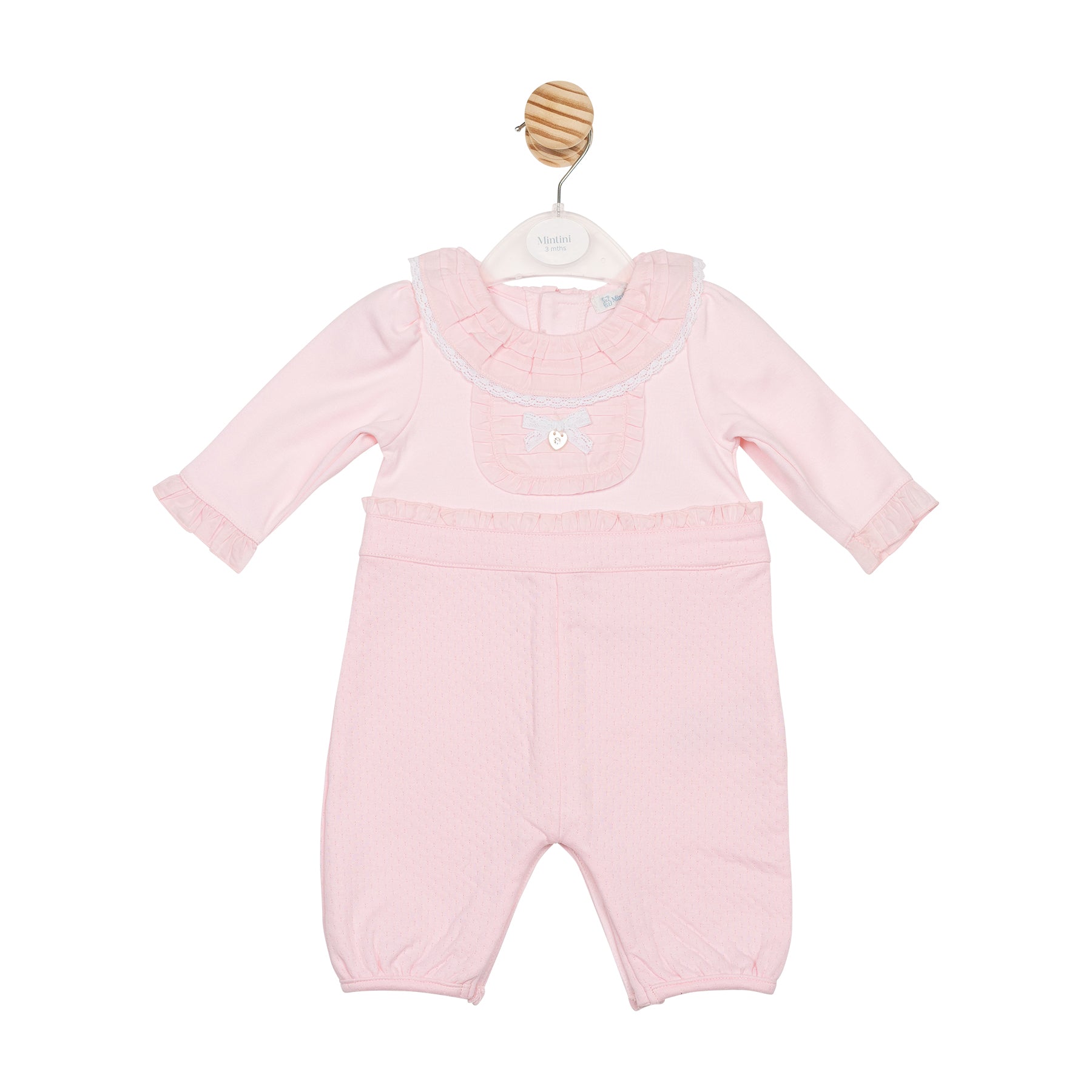 Mintini baby girls pink romper with frill collar and waistband – Autumn Winter boutique baby outfit, long sleeve