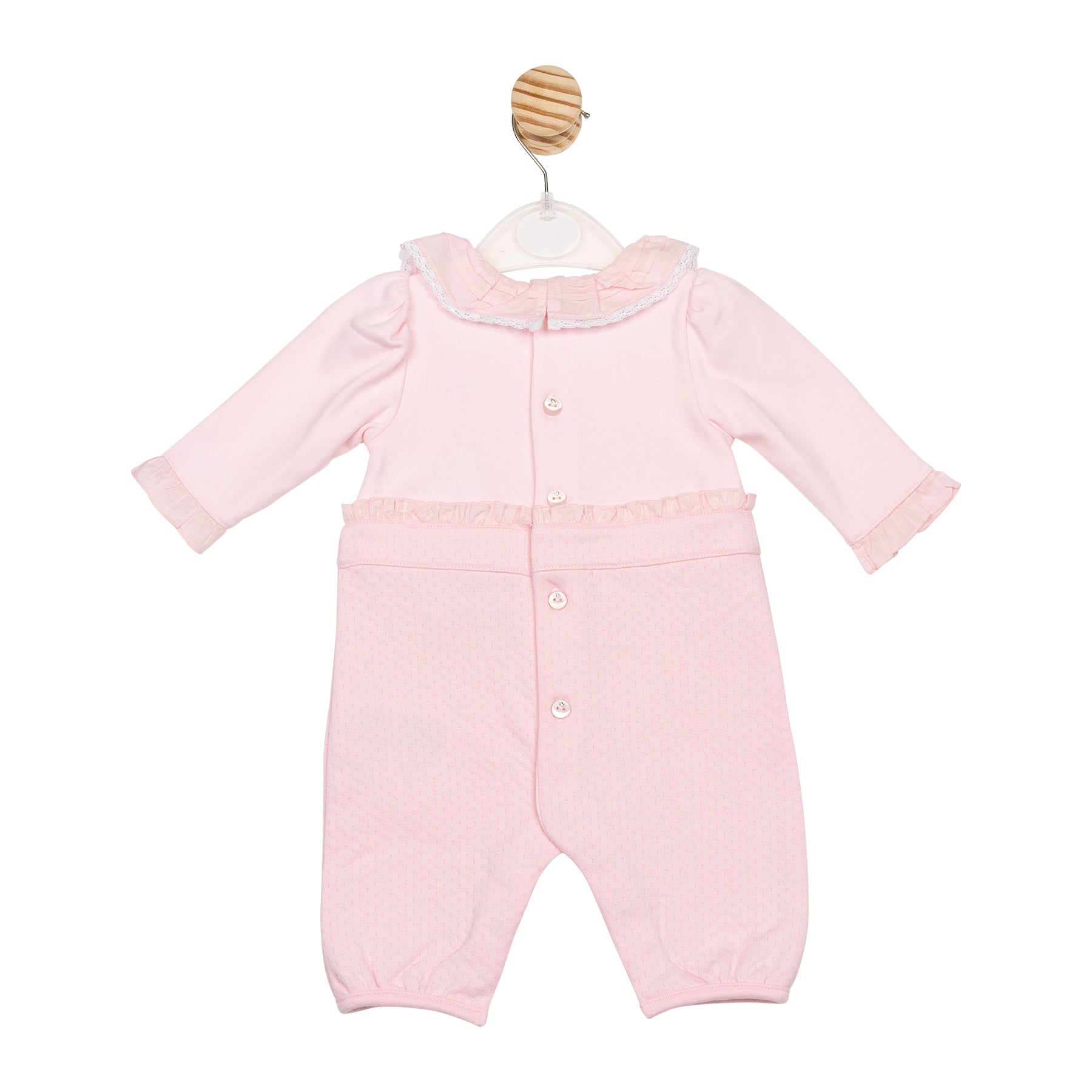 Girls pink long sleeve romper by Mintini – frill collar and frill waistband, cosy baby girl outfit, sizes 3–12 months