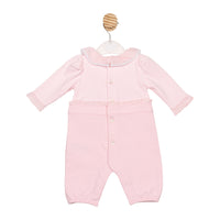 Girls pink long sleeve romper by Mintini – frill collar and frill waistband, cosy baby girl outfit, sizes 3–12 months