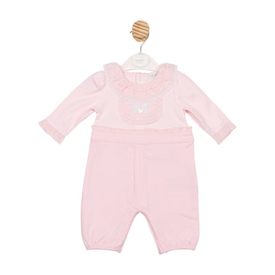 Mintini baby girls pink romper with frill collar and waistband – Autumn Winter boutique baby outfit, long sleeve