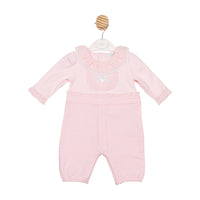 Mintini baby girls pink romper with frill collar and waistband – Autumn Winter boutique baby outfit, long sleeve