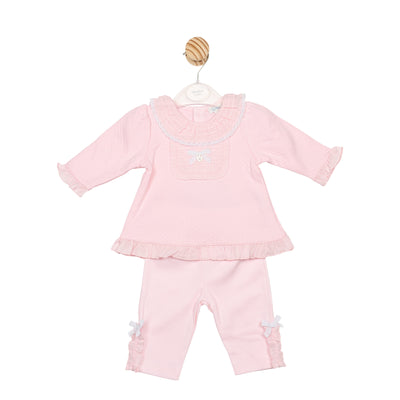 Mintini baby girls pink two-piece tunic and legging set with frill collar and bow detail – Autumn Winter boutique baby outfit